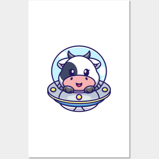 Cute cow flying with spaceship ufo cartoon Posters and Art